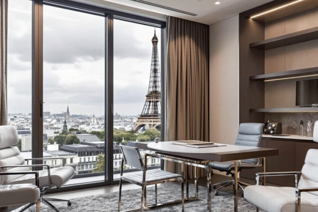 Bureau virtuel à Paris avec vue sur la Tour Eiffel